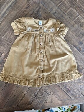 kate quinn Mustard Button-Front Ruffle Dress with Embroidered Yoke